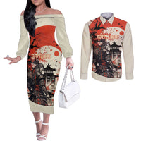 Samurai Warrior Japan Couples Matching Off The Shoulder Long Sleeve Dress and Long Sleeve Button Shirt Red-blossomed Tree Classic Japanese Stylized - Polynesian Pride