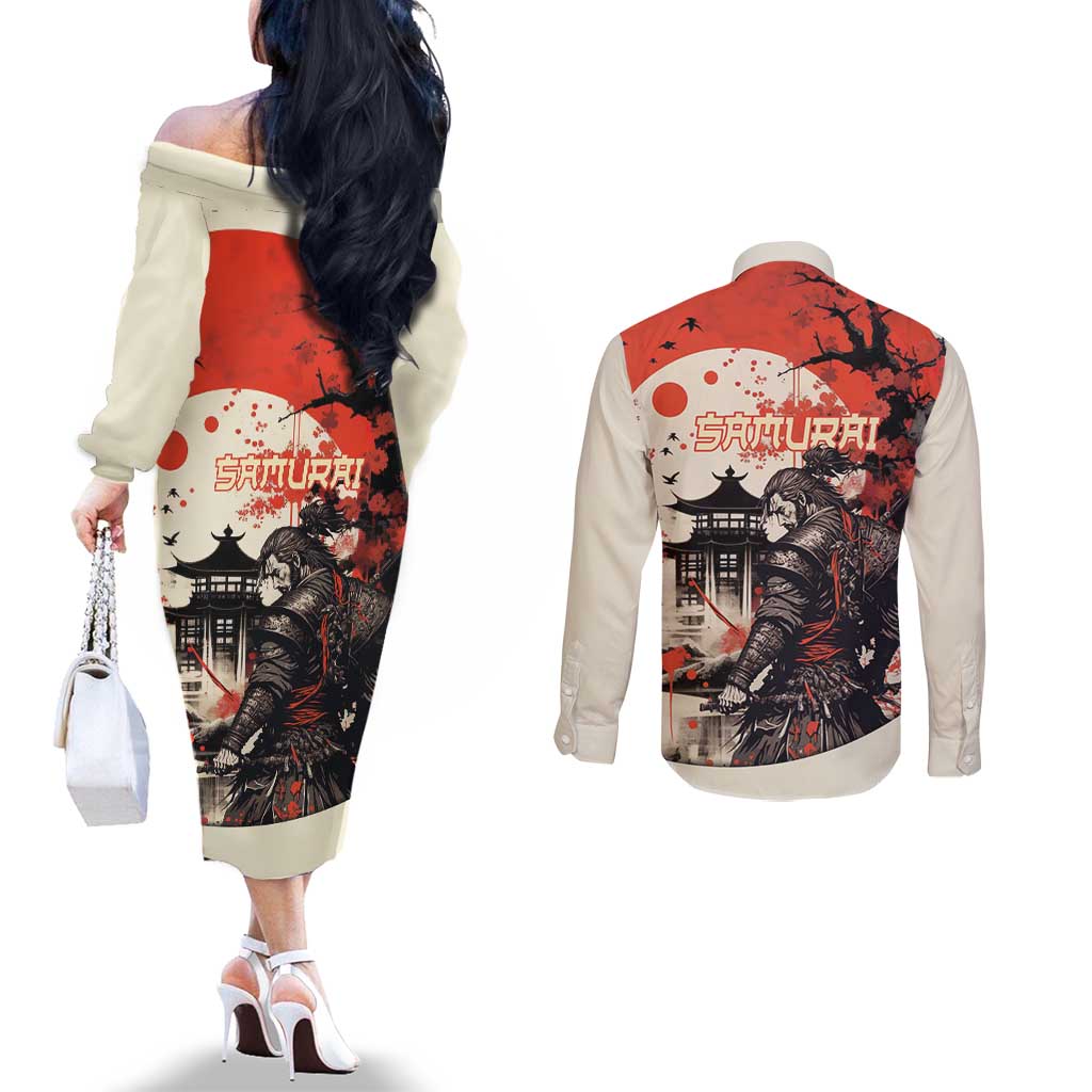 Samurai Warrior Japan Couples Matching Off The Shoulder Long Sleeve Dress and Long Sleeve Button Shirt Red-blossomed Tree Classic Japanese Stylized - Polynesian Pride