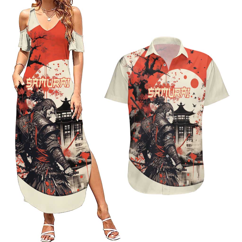 Samurai Warrior Japan Couples Matching Summer Maxi Dress and Hawaiian Shirt Red-blossomed Tree Classic Japanese Stylized - Polynesian Pride