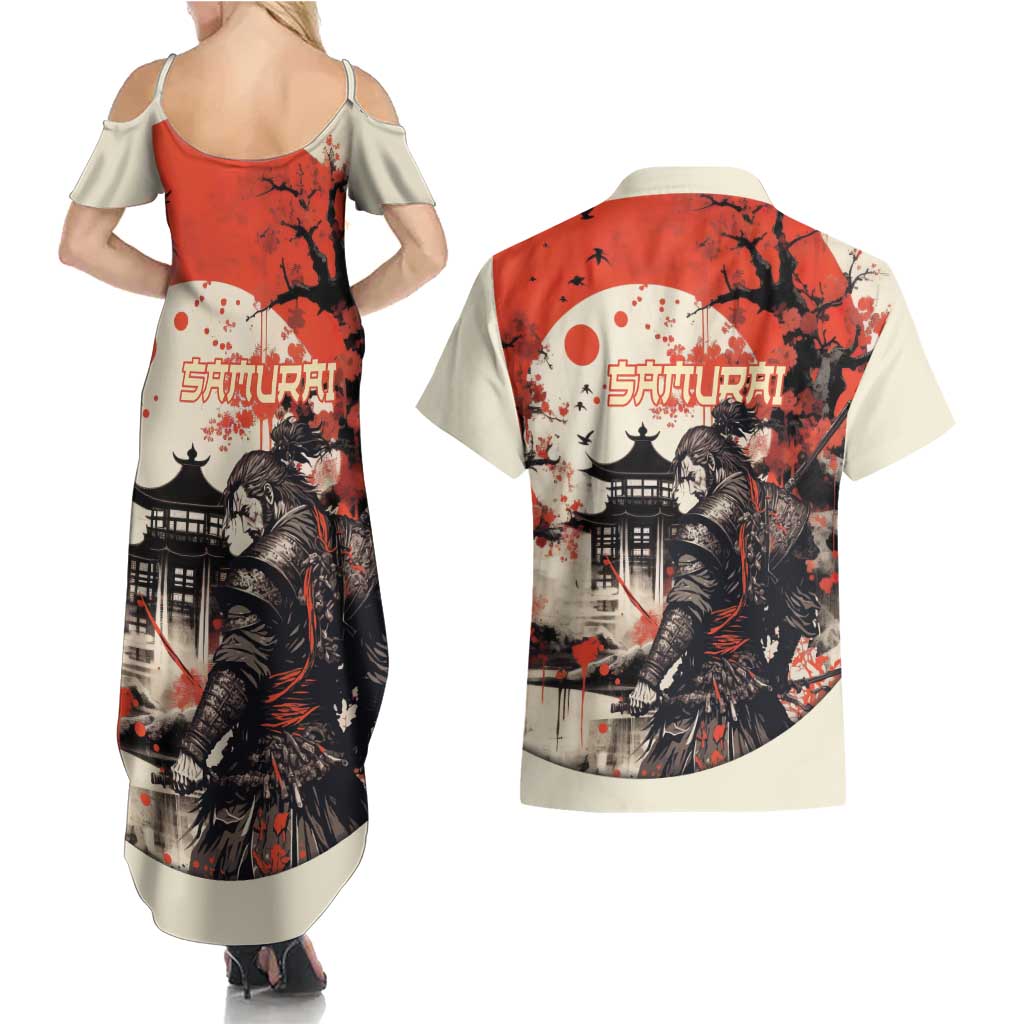 Samurai Warrior Japan Couples Matching Summer Maxi Dress and Hawaiian Shirt Red-blossomed Tree Classic Japanese Stylized - Polynesian Pride