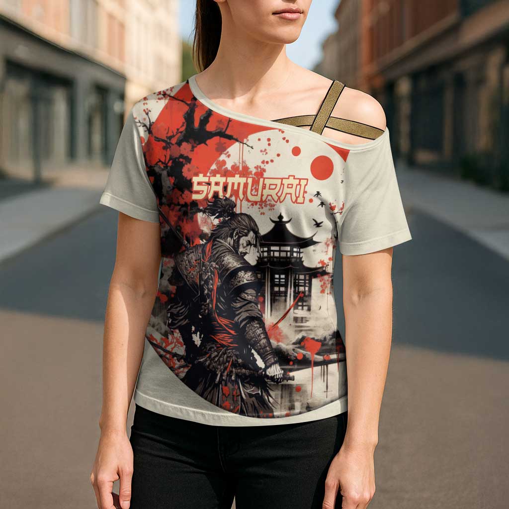 Samurai Warrior Japan Cross Shoulder Shirt Red-blossomed Tree Classic Japanese Stylized - Polynesian Pride
