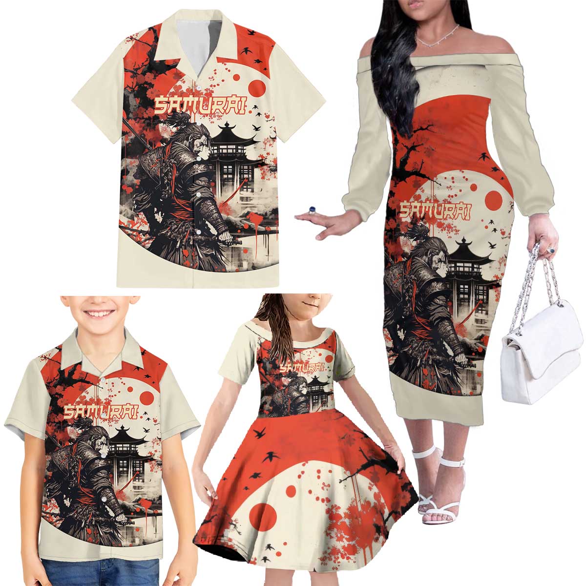 Samurai Warrior Japan Family Matching Off The Shoulder Long Sleeve Dress and Hawaiian Shirt Red-blossomed Tree Classic Japanese Stylized - Polynesian Pride