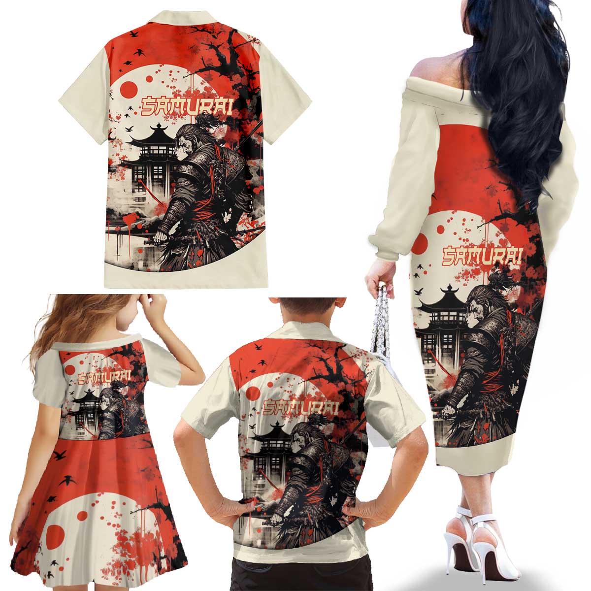 Samurai Warrior Japan Family Matching Off The Shoulder Long Sleeve Dress and Hawaiian Shirt Red-blossomed Tree Classic Japanese Stylized - Polynesian Pride
