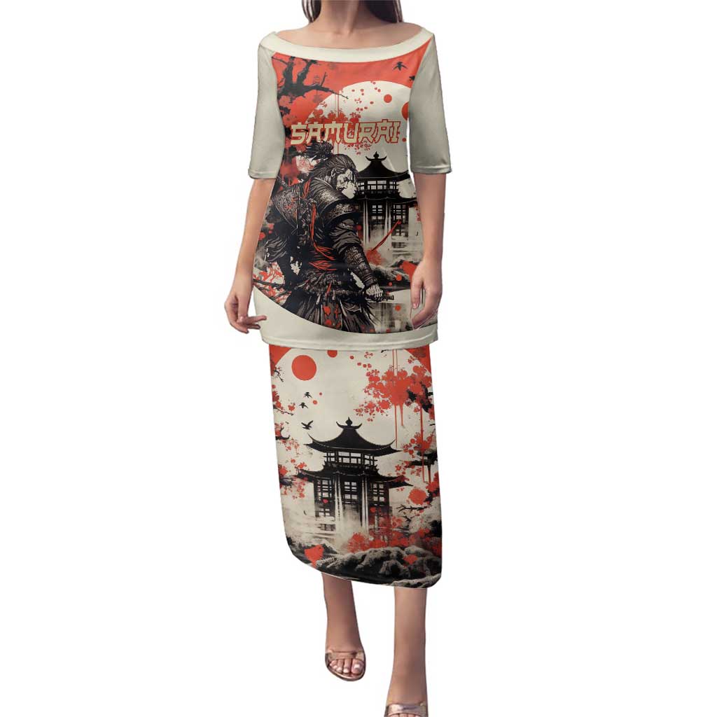Samurai Warrior Japan Family Matching Puletasi and Hawaiian Shirt Red-blossomed Tree Classic Japanese Stylized LT14 Mom's Dress Red - Polynesian Pride