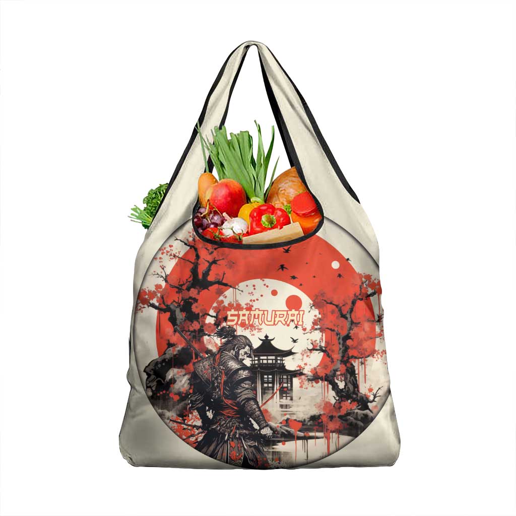 Samurai Warrior Japan Grocery Bag Red-blossomed Tree Classic Japanese Stylized - Polynesian Pride