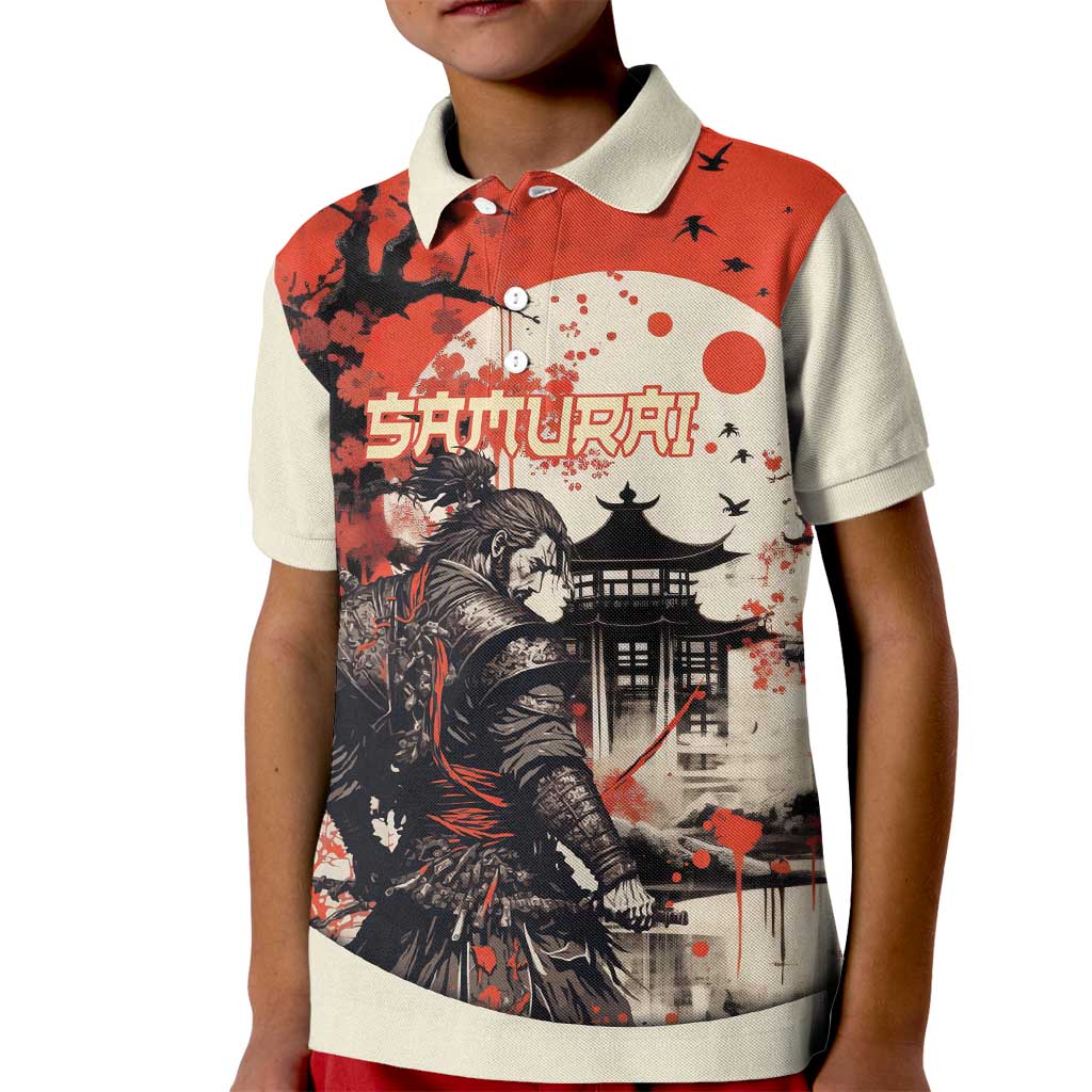 Samurai Warrior Japan Kid Polo Shirt Red-blossomed Tree Classic Japanese Stylized - Polynesian Pride