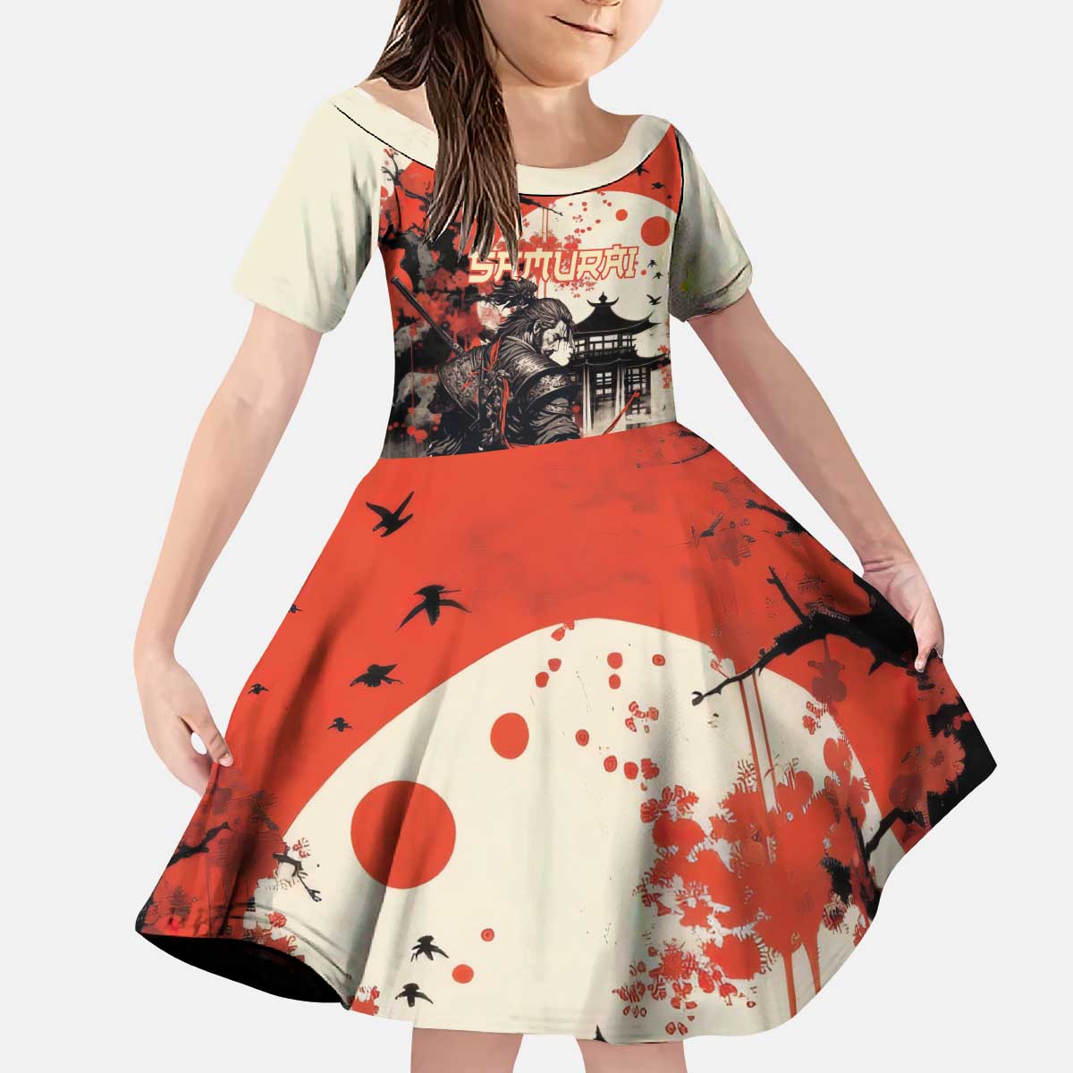 Samurai Warrior Japan Kid Short Sleeve Dress Red-blossomed Tree Classic Japanese Stylized - Polynesian Pride