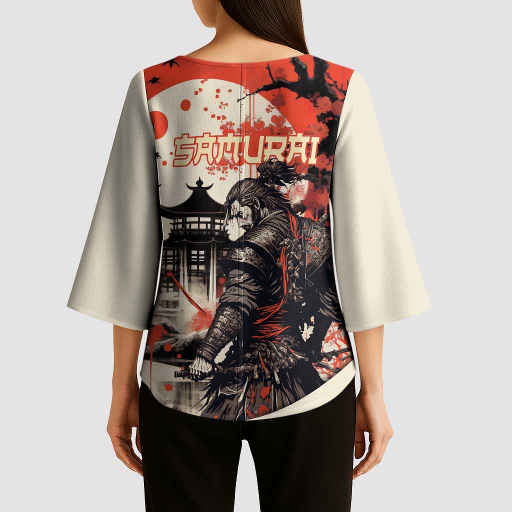 Samurai Warrior Japan Kimono Sleeve Blouse Red-blossomed Tree Classic Japanese Stylized - Polynesian Pride
