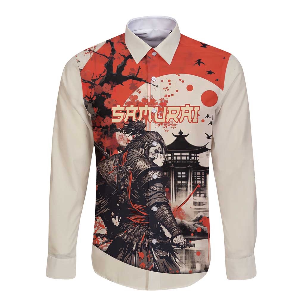 Samurai Warrior Japan Long Sleeve Button Shirt Red-blossomed Tree Classic Japanese Stylized - Polynesian Pride