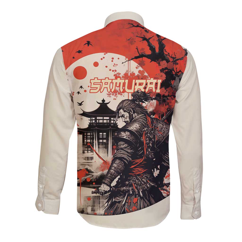 Samurai Warrior Japan Long Sleeve Button Shirt Red-blossomed Tree Classic Japanese Stylized - Polynesian Pride