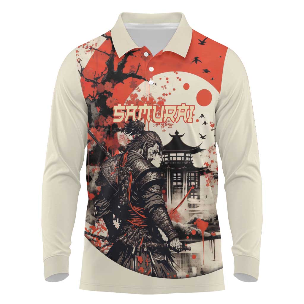 Samurai Warrior Japan Long Sleeve Polo Shirt Red-blossomed Tree Classic Japanese Stylized - Polynesian Pride