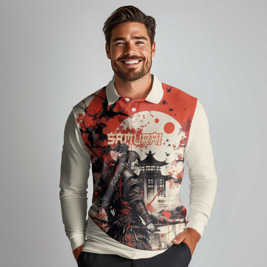 Samurai Warrior Japan Long Sleeve Polo Shirt Red-blossomed Tree Classic Japanese Stylized - Polynesian Pride