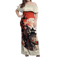 Samurai Warrior Japan Off Shoulder Maxi Dress Red-blossomed Tree Classic Japanese Stylized - Polynesian Pride