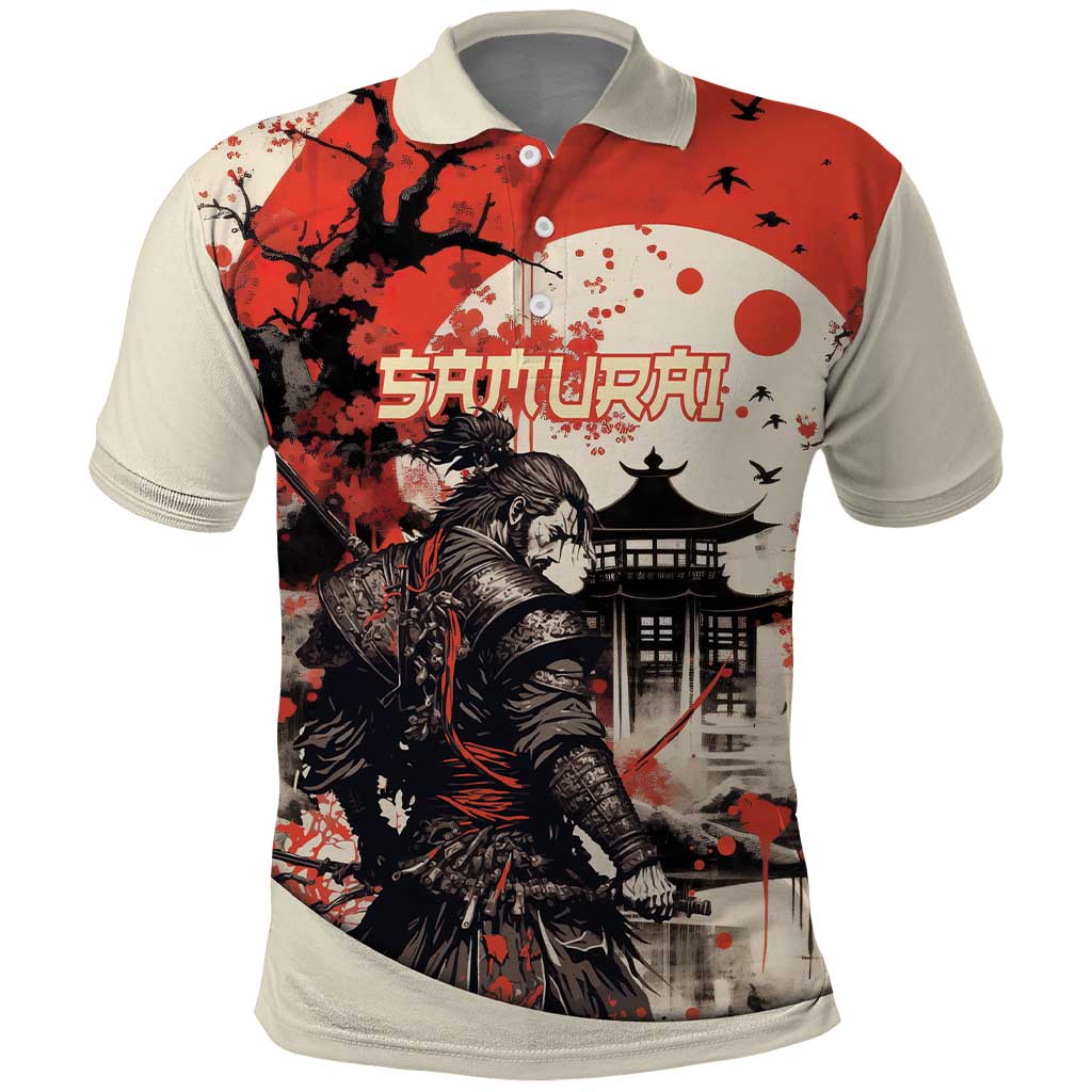 Samurai Warrior Japan Polo Shirt Red-blossomed Tree Classic Japanese Stylized - Polynesian Pride