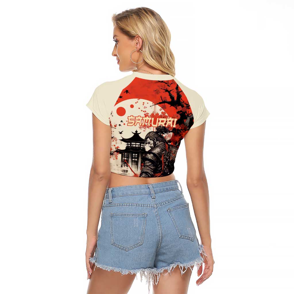 Samurai Warrior Japan Raglan Cropped T Shirt Red-blossomed Tree Classic Japanese Stylized LT14 - Polynesian Pride