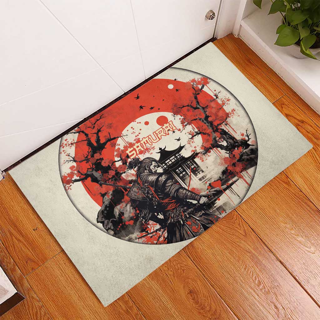 Samurai Warrior Japan Rubber Doormat Red-blossomed Tree Classic Japanese Stylized - Polynesian Pride