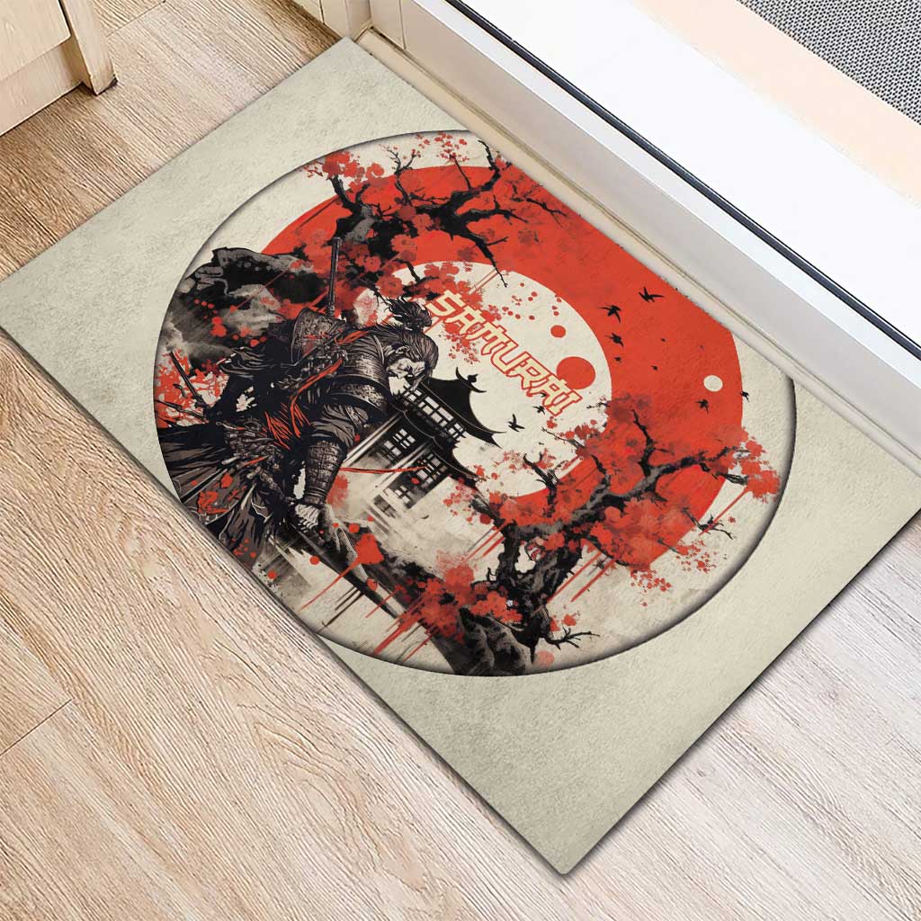 Samurai Warrior Japan Rubber Doormat Red-blossomed Tree Classic Japanese Stylized - Polynesian Pride