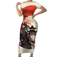 Samurai Warrior Japan Short Sleeve Bodycon Dress Red-blossomed Tree Classic Japanese Stylized - Polynesian Pride