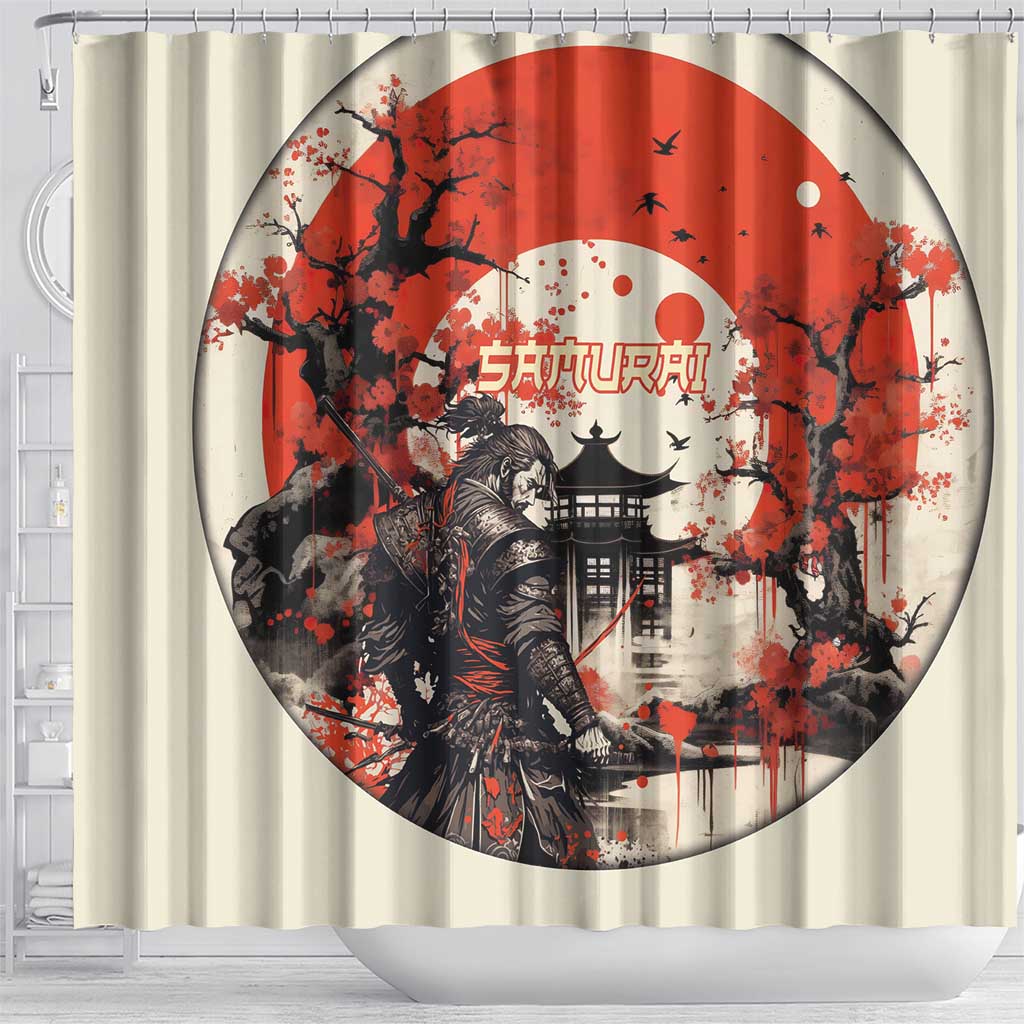 Samurai Warrior Japan Shower Curtain Red-blossomed Tree Classic Japanese Stylized - Polynesian Pride