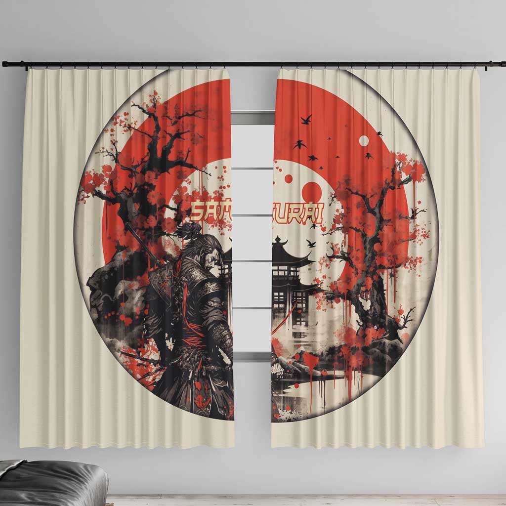 Samurai Warrior Japan Window Curtain Red-blossomed Tree Classic Japanese Stylized LT14 With Hooks Red - Polynesian Pride