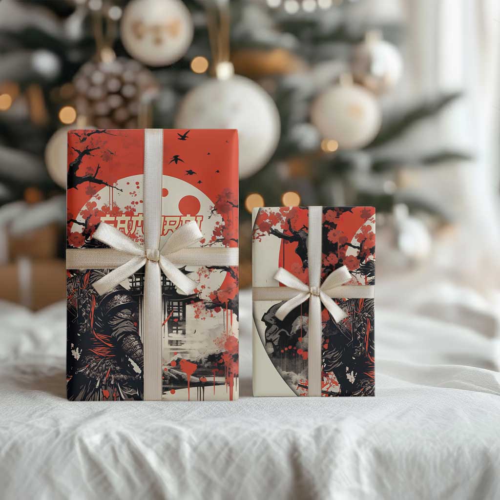 Samurai Warrior Japan Wrapping Paper Red-blossomed Tree Classic Japanese Stylized LT14 - Polynesian Pride