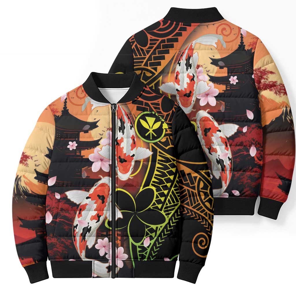 Hawaiian and Japanese Bomber Puffer Jacket Koi Fish With Kanaka Polynesian Tattoo - Polynesian Pride