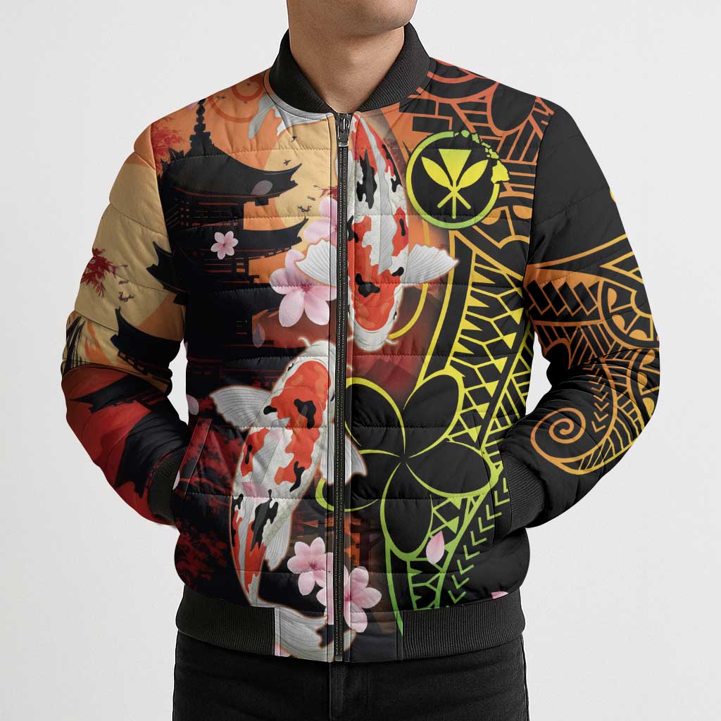 Hawaiian and Japanese Bomber Puffer Jacket Koi Fish With Kanaka Polynesian Tattoo - Polynesian Pride