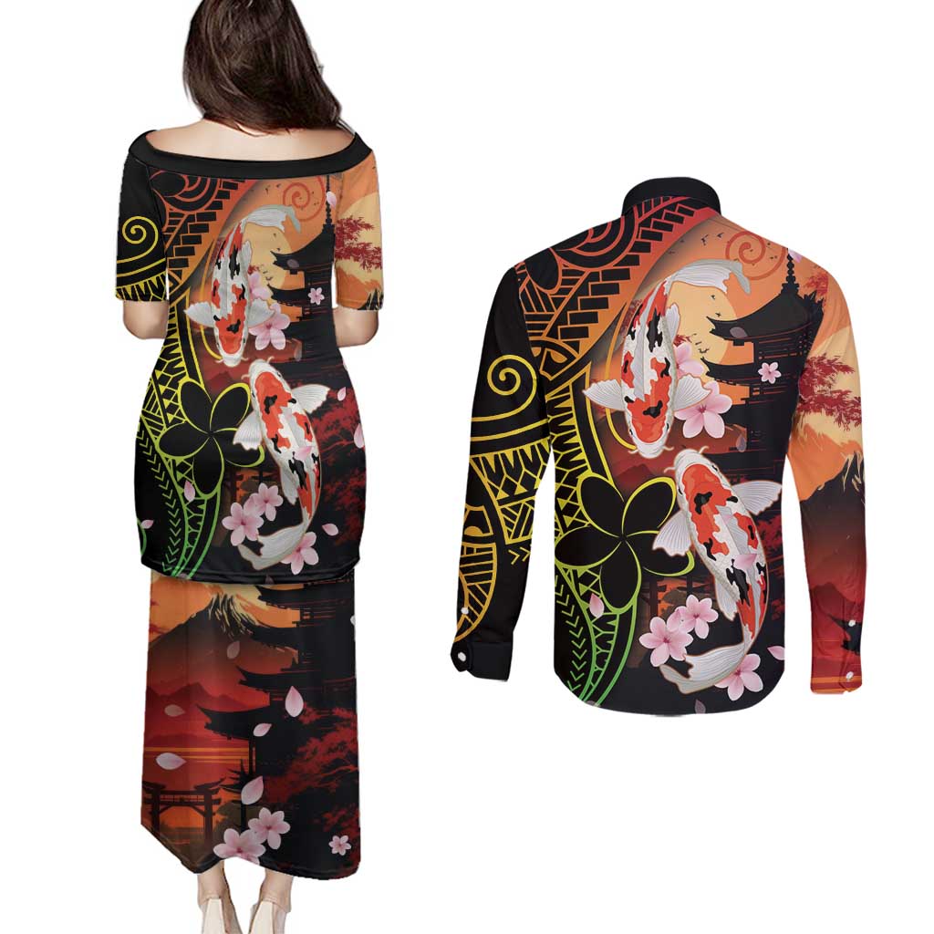 Hawaiian and Japanese Couples Matching Puletasi and Long Sleeve Button Shirt Koi Fish With Kanaka Polynesian Tattoo - Polynesian Pride