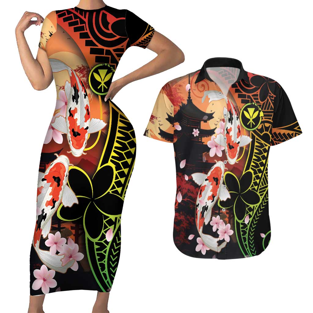 Hawaiian and Japanese Couples Matching Short Sleeve Bodycon Dress and Hawaiian Shirt Koi Fish With Kanaka Polynesian Tattoo - Polynesian Pride