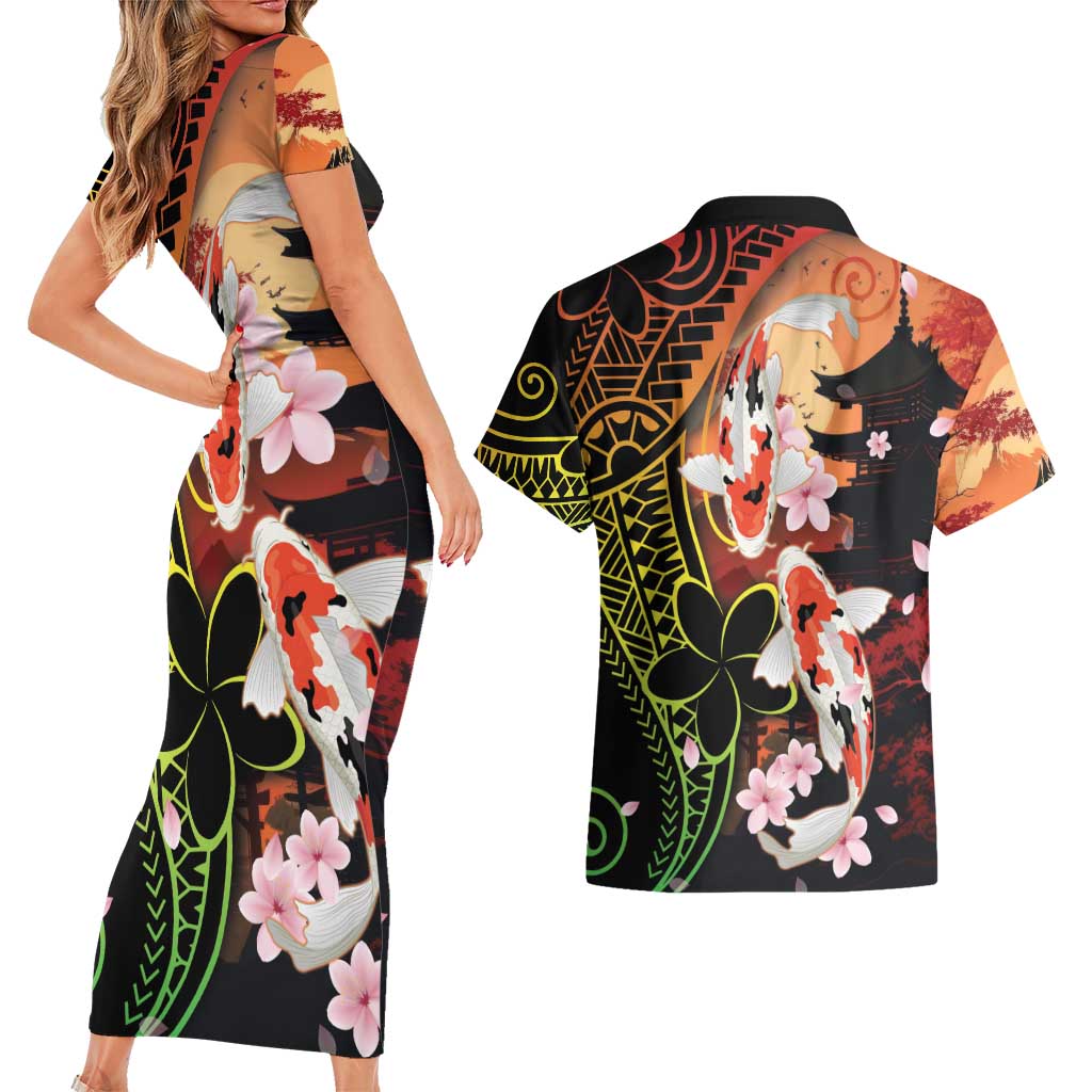 Hawaiian and Japanese Couples Matching Short Sleeve Bodycon Dress and Hawaiian Shirt Koi Fish With Kanaka Polynesian Tattoo - Polynesian Pride