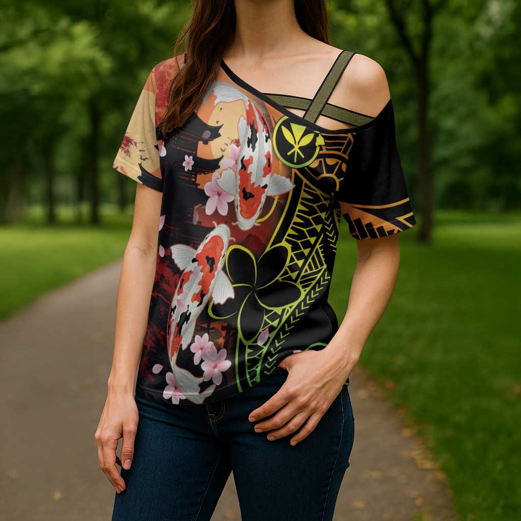 Hawaiian and Japanese Cross Shoulder Shirt Koi Fish With Kanaka Polynesian Tattoo - Polynesian Pride