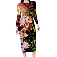 Hawaiian and Japanese Family Matching Long Sleeve Bodycon Dress and Hawaiian Shirt Koi Fish With Kanaka Polynesian Tattoo - Polynesian Pride