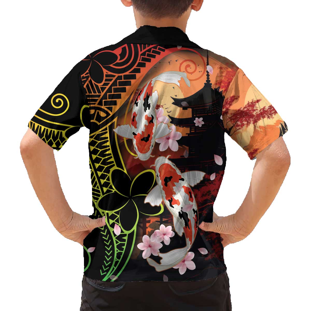 Hawaiian and Japanese Family Matching Off The Shoulder Long Sleeve Dress and Hawaiian Shirt Koi Fish With Kanaka Polynesian Tattoo - Polynesian Pride