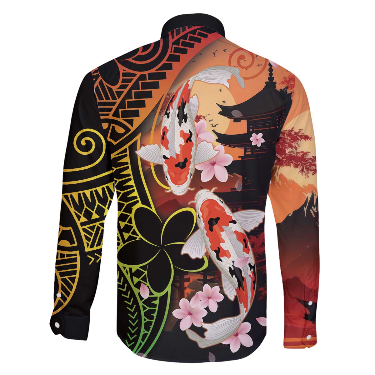 Hawaiian and Japanese Family Matching Off The Shoulder Long Sleeve Dress and Hawaiian Shirt Koi Fish With Kanaka Polynesian Tattoo - Polynesian Pride