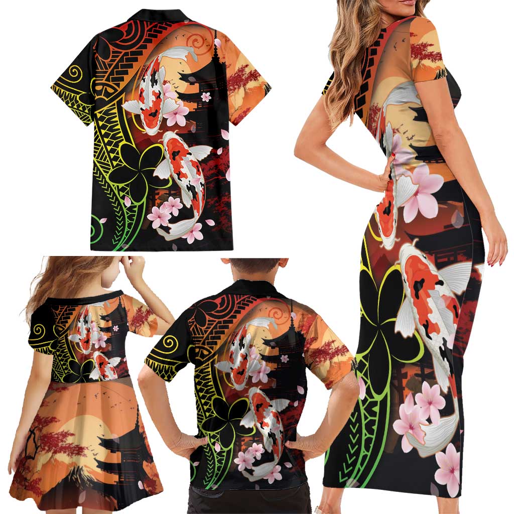 Hawaiian and Japanese Family Matching Short Sleeve Bodycon Dress and Hawaiian Shirt Koi Fish With Kanaka Polynesian Tattoo - Polynesian Pride