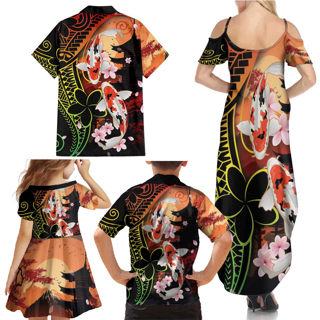 Hawaiian and Japanese Family Matching Summer Maxi Dress and Hawaiian Shirt Koi Fish With Kanaka Polynesian Tattoo - Polynesian Pride