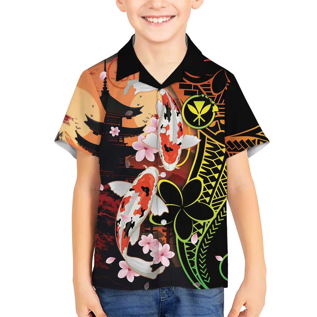 Hawaiian and Japanese Kid Hawaiian Shirt Koi Fish With Kanaka Polynesian Tattoo - Polynesian Pride