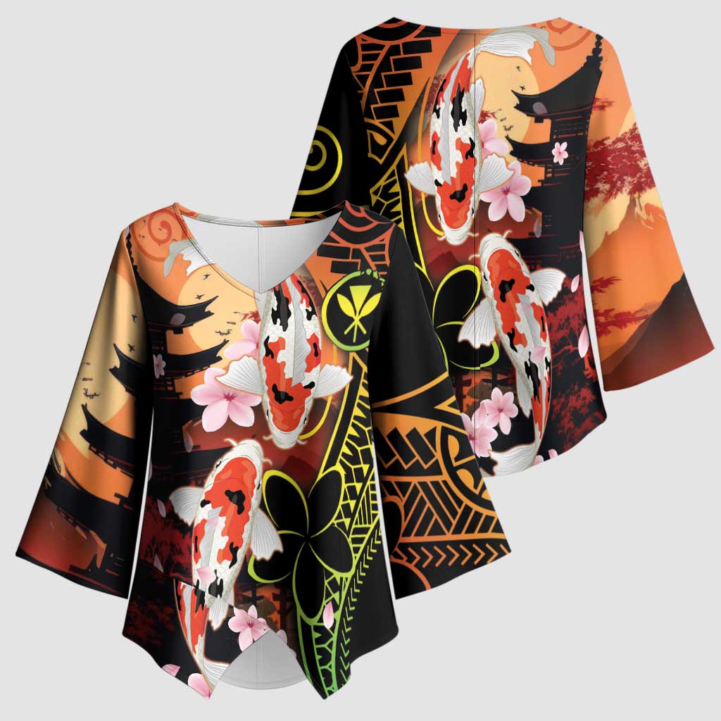 Hawaiian and Japanese Kimono Sleeve Blouse Koi Fish With Kanaka Polynesian Tattoo - Polynesian Pride