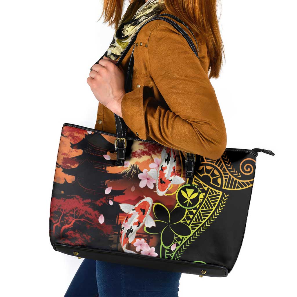 Hawaiian and Japanese Leather Tote Bag Koi Fish With Kanaka Polynesian Tattoo - Polynesian Pride