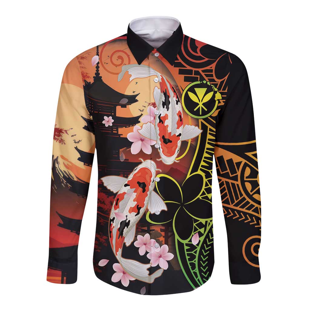 Hawaiian and Japanese Long Sleeve Button Shirt Koi Fish With Kanaka Polynesian Tattoo - Polynesian Pride