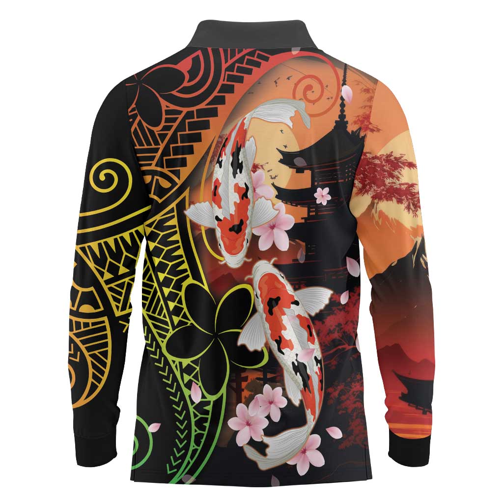 Hawaiian and Japanese Long Sleeve Polo Shirt Koi Fish With Kanaka Polynesian Tattoo - Polynesian Pride