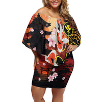 Hawaiian and Japanese Off Shoulder Short Dress Koi Fish With Kanaka Polynesian Tattoo - Polynesian Pride