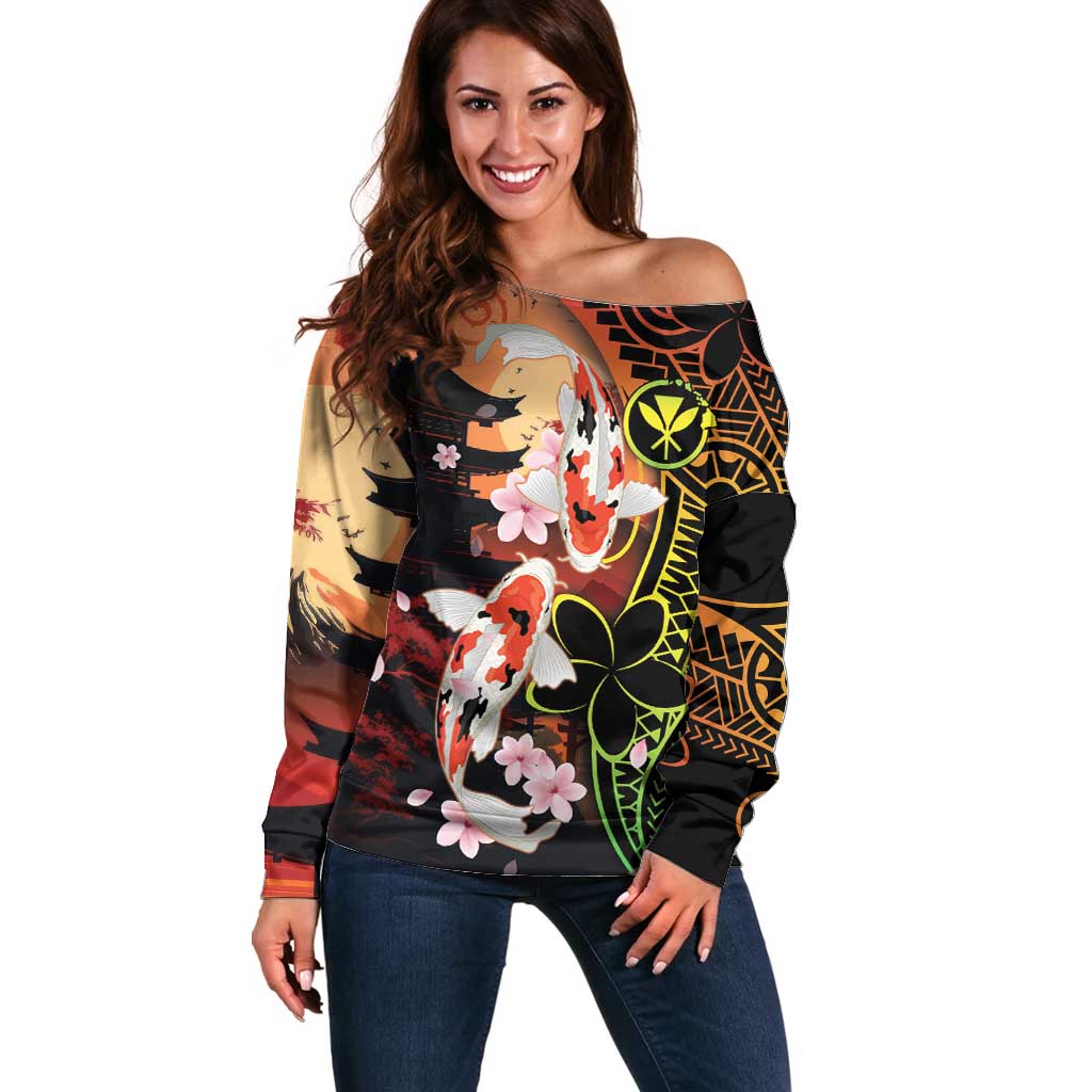 Hawaiian and Japanese Off Shoulder Sweater Koi Fish With Kanaka Polynesian Tattoo - Polynesian Pride