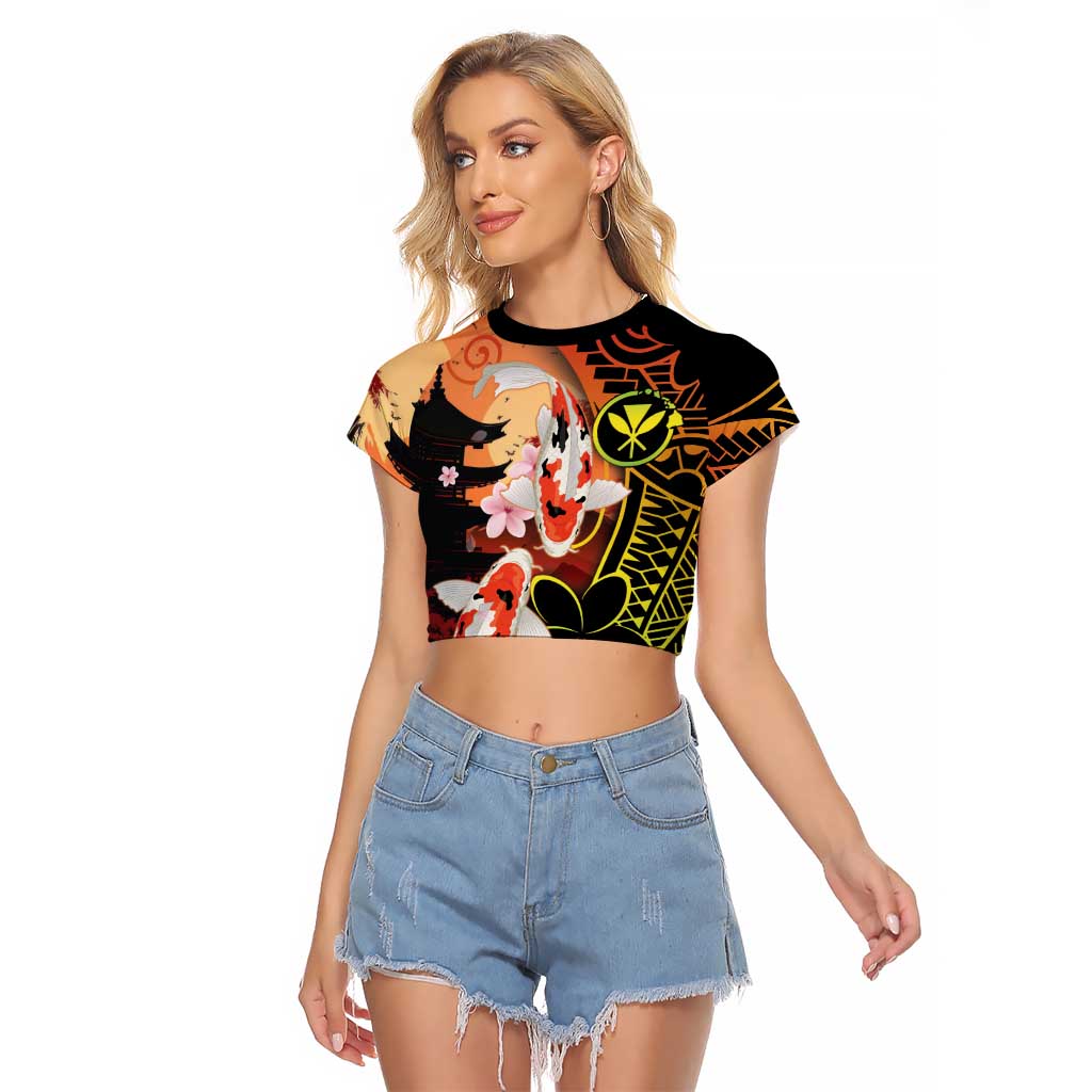 Hawaiian and Japanese Raglan Cropped T Shirt Koi Fish With Kanaka Polynesian Tattoo - Polynesian Pride