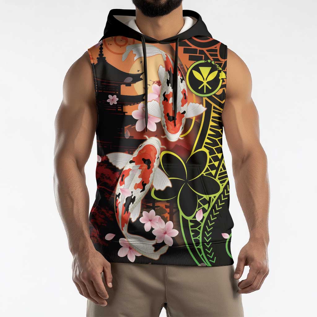 Hawaiian and Japanese Sleeveless Hoodie Koi Fish With Kanaka Polynesian Tattoo - Polynesian Pride
