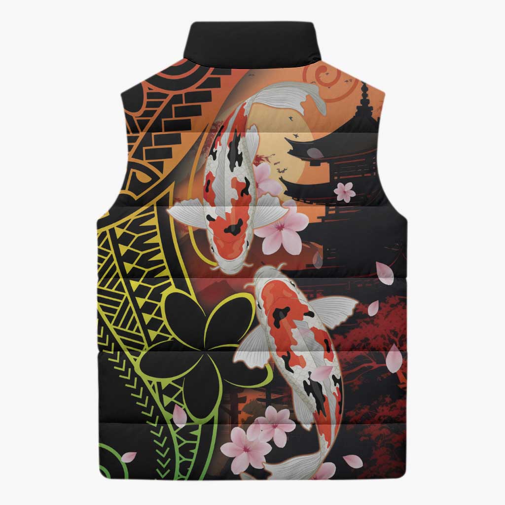 Hawaiian and Japanese Sleeveless Puffer Jacket Koi Fish With Kanaka Polynesian Tattoo - Polynesian Pride
