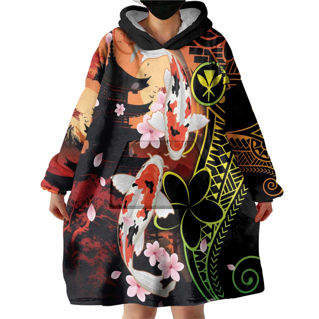 Hawaiian and Japanese Wearable Blanket Hoodie Koi Fish With Kanaka Polynesian Tattoo - Polynesian Pride