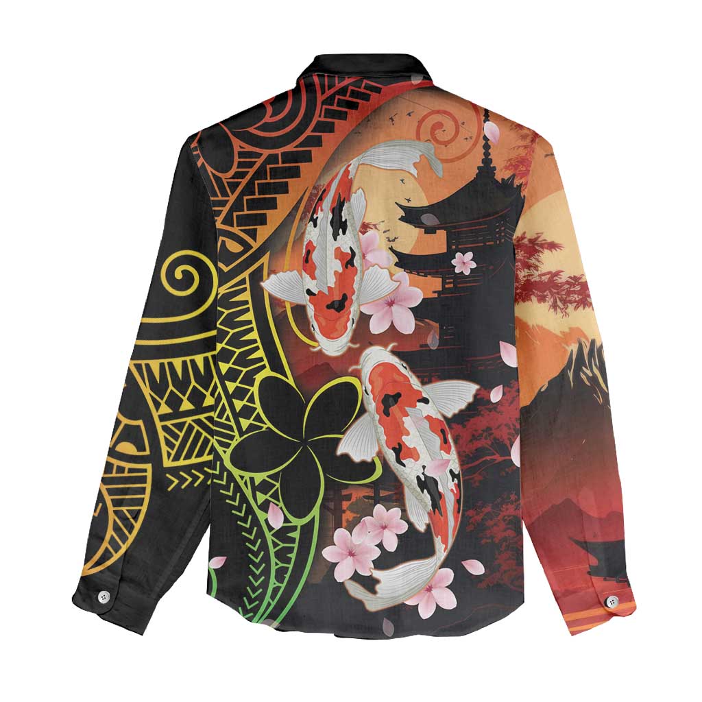 Hawaiian and Japanese Women Casual Shirt Koi Fish With Kanaka Polynesian Tattoo - Polynesian Pride