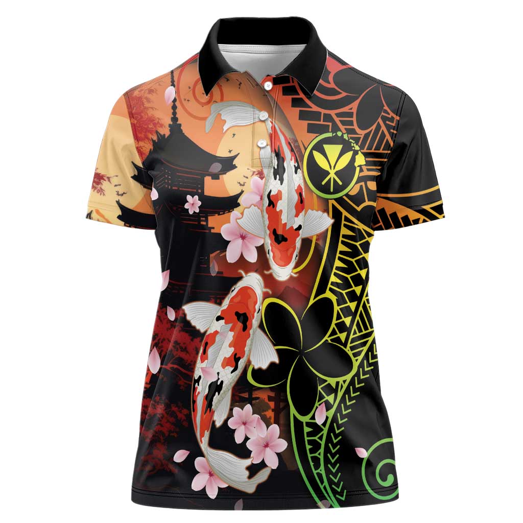 Hawaiian and Japanese Women Polo Shirt Koi Fish With Kanaka Polynesian Tattoo - Polynesian Pride