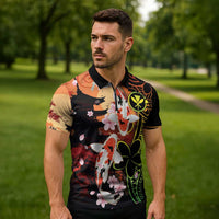 Hawaiian and Japanese Zipper Polo Shirt Koi Fish With Kanaka Polynesian Tattoo - Polynesian Pride